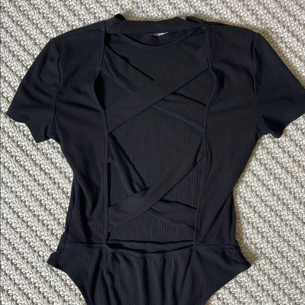 Black Cut Out Bodysuit with Ribbed Material